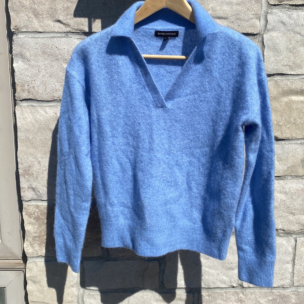 BANANA REPUBLIC Mens Johnny Collar Light Blue Alpaca Wool Polo Sweater